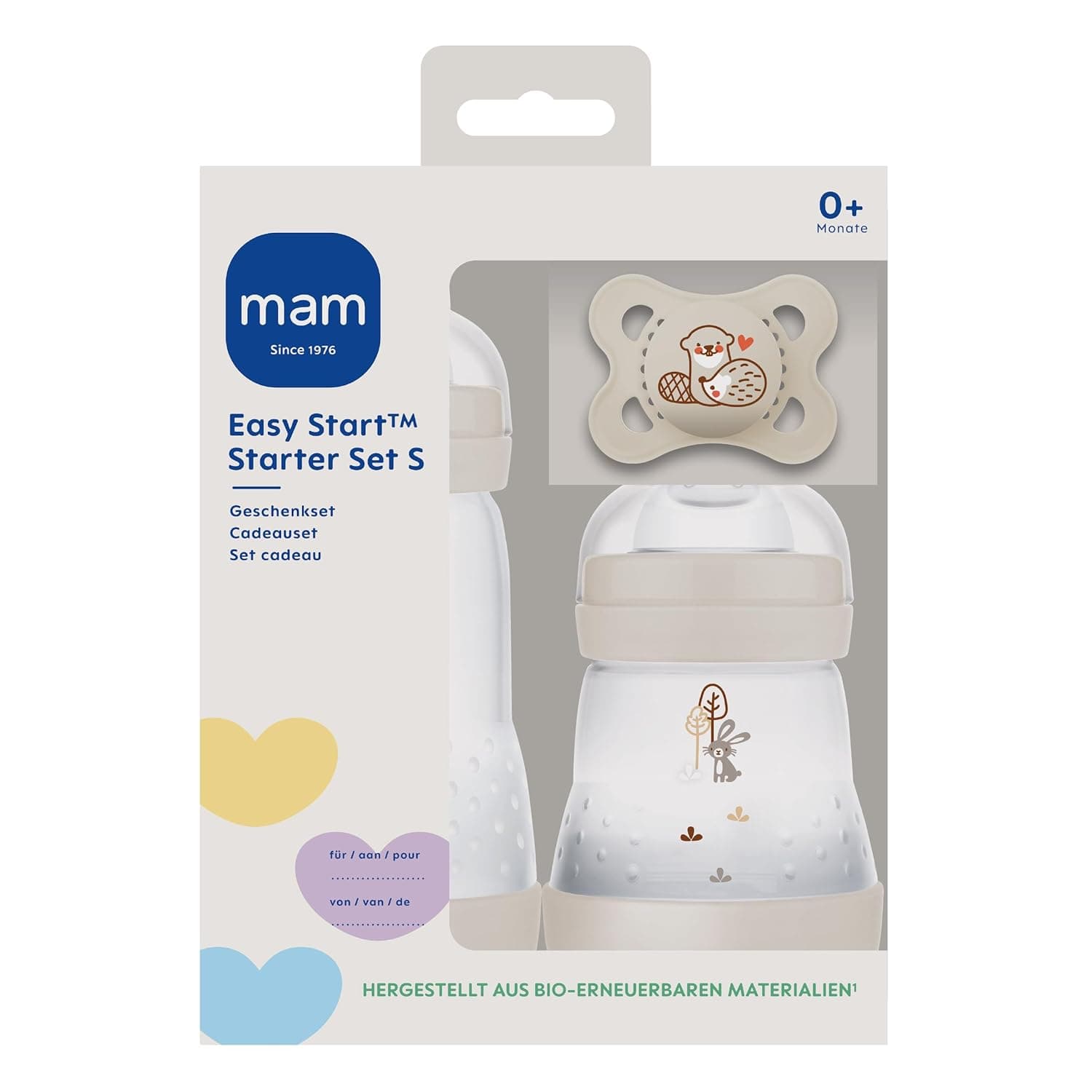 Set cadou MAM Easy Start Anti-Colic Starter 0+, 2 biberoane 160 ml + 260 ml si suzeta, bej