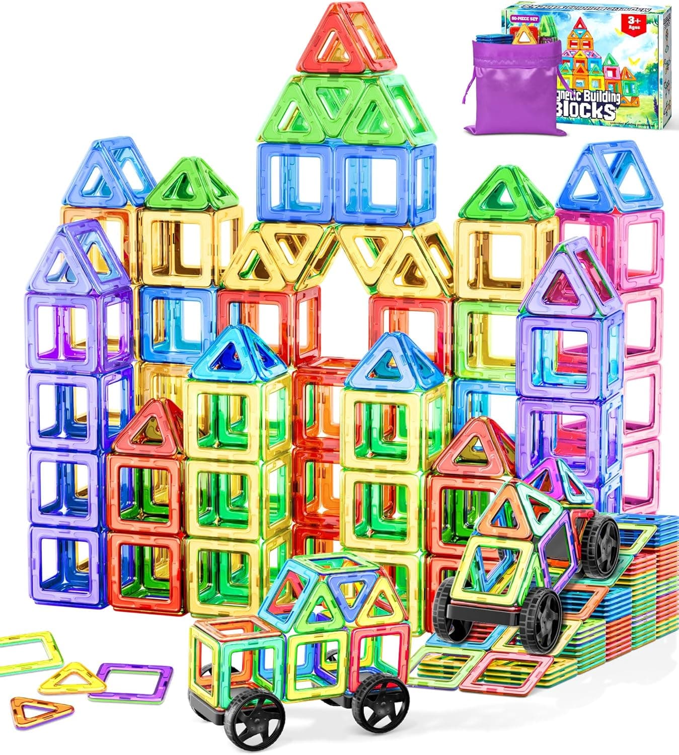 Cuburi magnetice de constructie STEM, 50 piese, 3 ani+, cu roti