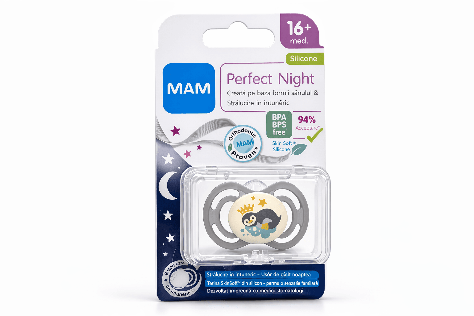 Suzeta MAM Glow-in-the-Dark copii 16+ luni – tetina extra subtire, flexibila, fosforescenta