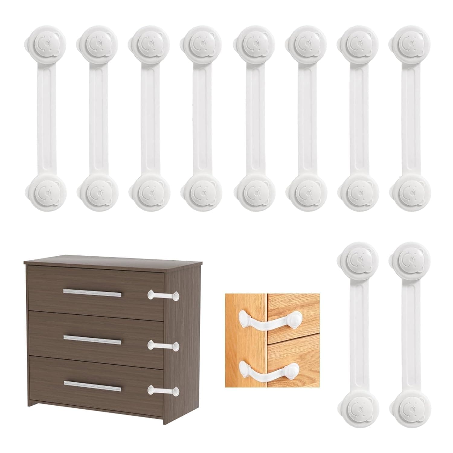 Sigurante pentru sertare si dulapuri copii set 10 bucati, autoadezive albe, lungime 16 cm